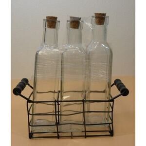 Salt,Pepper,Oil Vinegar empty glass bottles,corks, wire basket wooden handle